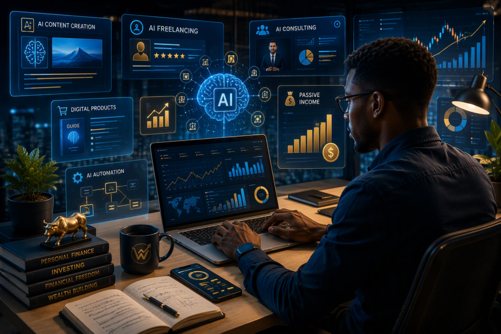 AI-powered side hustles including content creation, e-commerce, freelancing, automation, and online business opportunities.